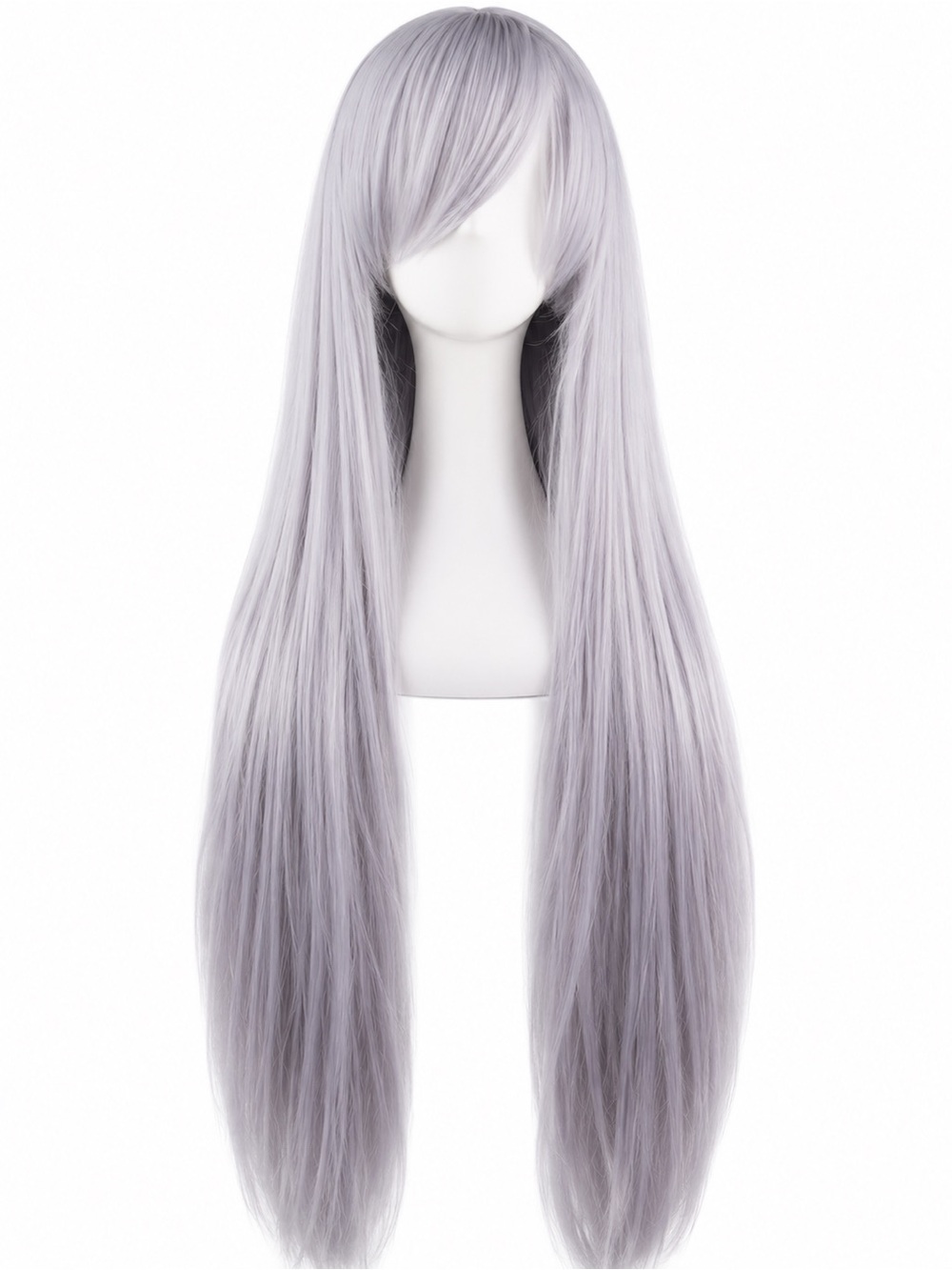 New 40” Long Silver Lavender Straight Wig with Side Swept Bangs